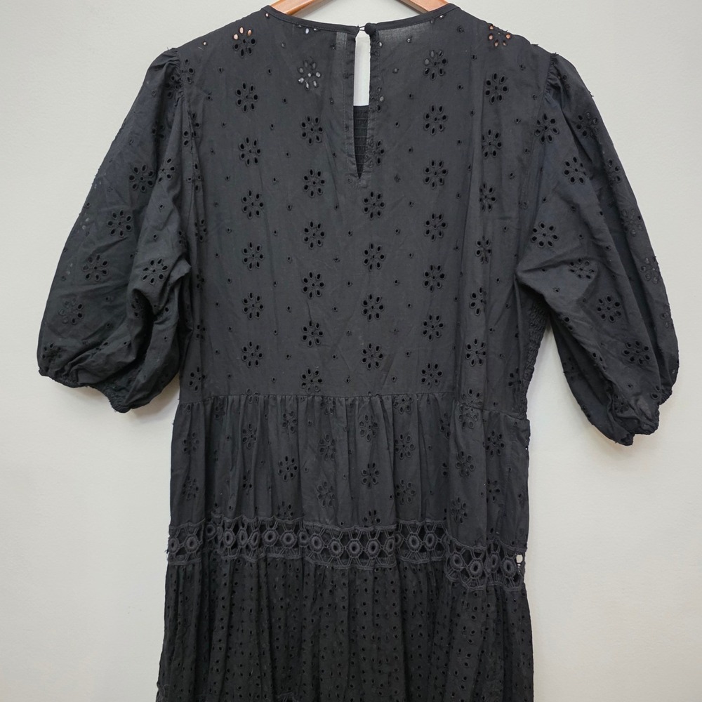 ASOS DESIGN Black Eyelet Cotton Smocked Tiered Maxi Dress Puff Sleeve US 14 Boho - Picture 9 of 15